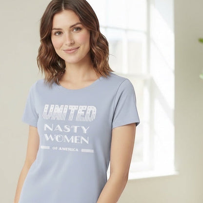 Pale blue bamboo & organic cotton women's T-shirt with 'United Nasty Women of America' design. Eco-friendly activist tee by Uni-T.