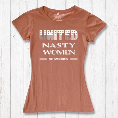 Terracotta bamboo & organic cotton women's T-shirt with 'United Nasty Women of America' slogan. Feminist empowerment gift by Uni-T.