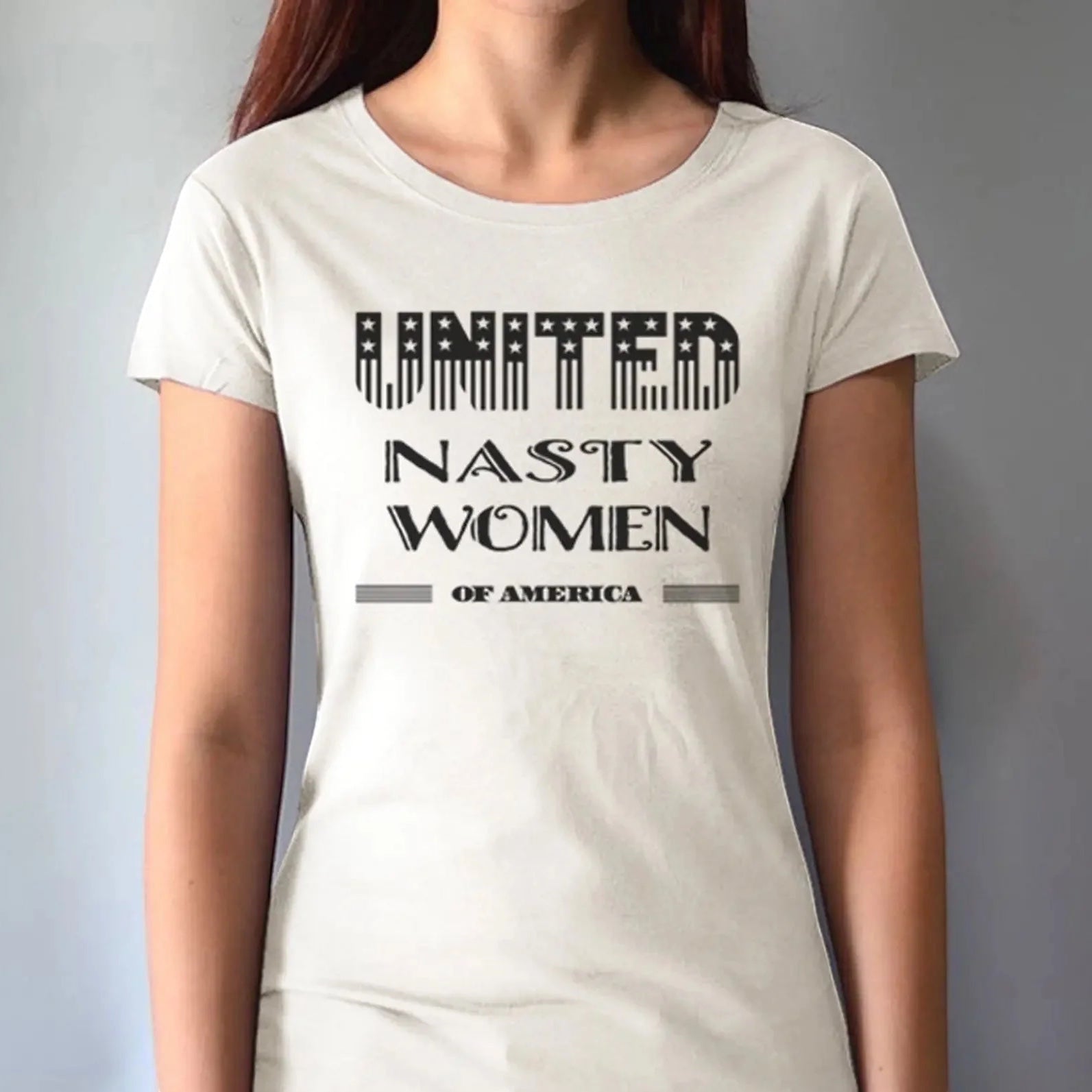 Model wearing cream bamboo & organic cotton T-shirt with 'United Nasty Women of America' print. Feminist statement tee by Uni-T.