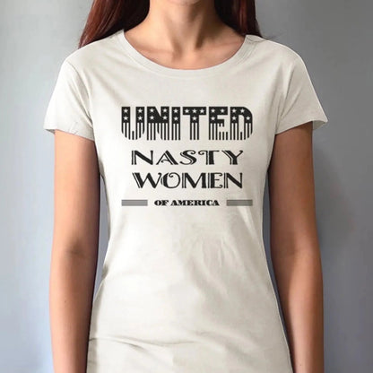 Model wearing cream bamboo & organic cotton T-shirt with 'United Nasty Women of America' print. Feminist statement tee by Uni-T.