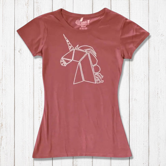 Women’s Unicorn T-Shirt in bamboo and organic cotton in terracotta red, featuring a white geometric unicorn graphic. Eco-friendly fantasy tee for her.