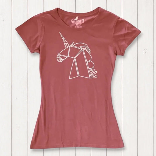 Women’s Unicorn T-Shirt in bamboo and organic cotton in terracotta red, featuring a white geometric unicorn graphic. Eco-friendly fantasy tee for her.