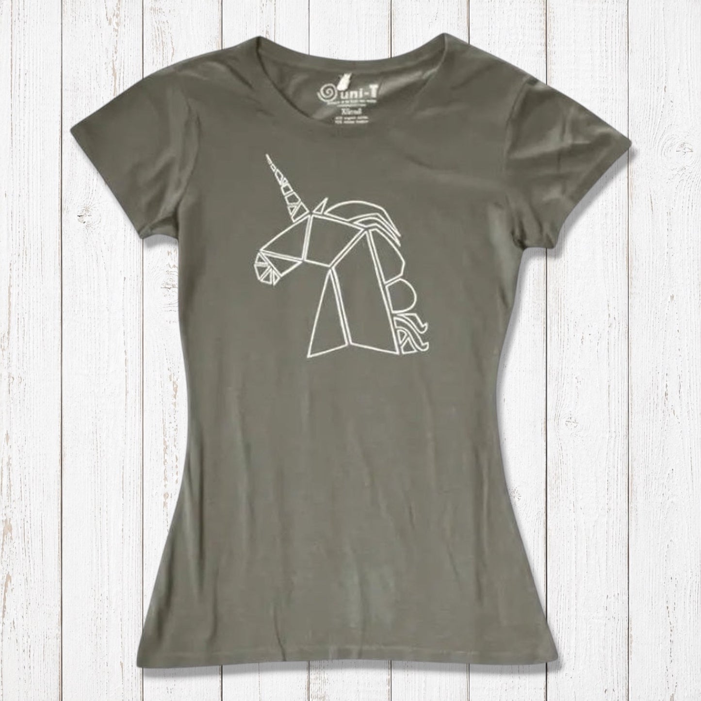 Olive green Women’s Unicorn T-Shirt made from bamboo and organic cotton with a white geometric unicorn design. Sustainable mythical creature top.