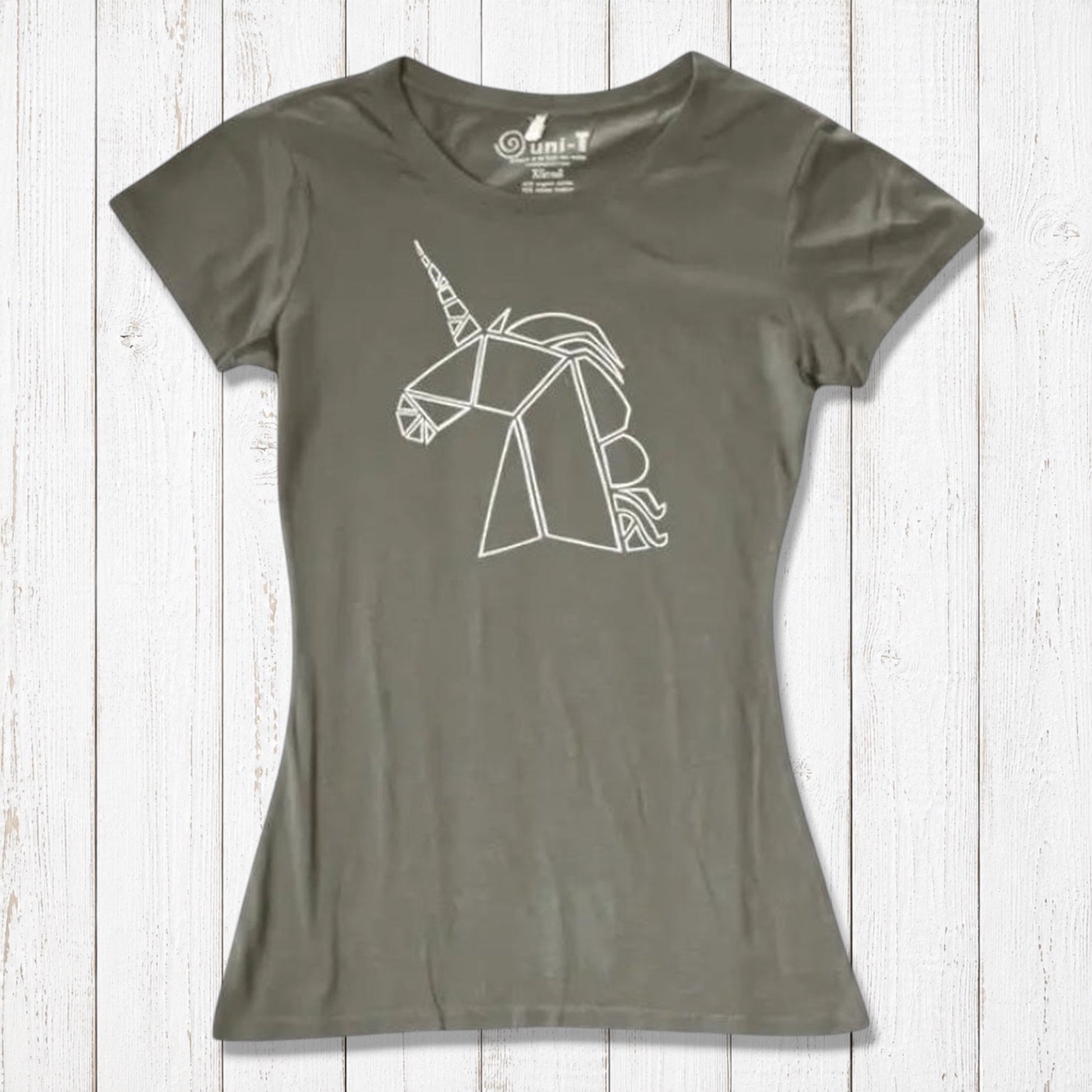 Olive green Women’s Unicorn T-Shirt made from bamboo and organic cotton with a white geometric unicorn design. Sustainable mythical creature top.