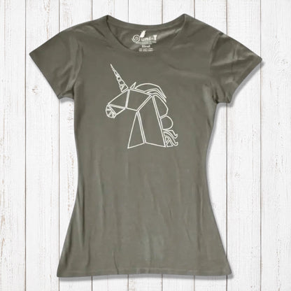 Olive green Women’s Unicorn T-Shirt made from bamboo and organic cotton with a white geometric unicorn design. Sustainable mythical creature top.