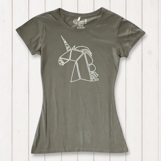 Olive green Women’s Unicorn T-Shirt made from bamboo and organic cotton with a white geometric unicorn design. Sustainable mythical creature top.