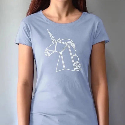 Model in light blue bamboo and organic cotton Women’s Unicorn T-Shirt with white geometric unicorn artwork. Sustainable and stylish fantasy-themed tee.