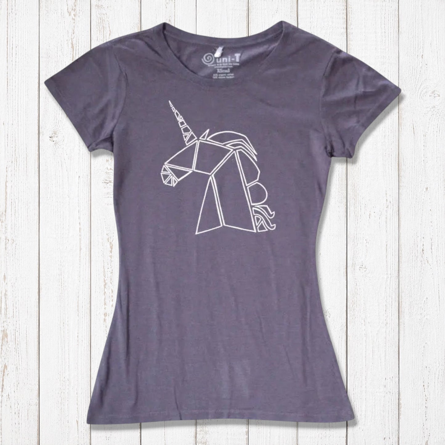 Charcoal purple Women’s Unicorn T-Shirt crafted from bamboo and organic cotton, featuring a white geometric unicorn. Eco-conscious gift for her.