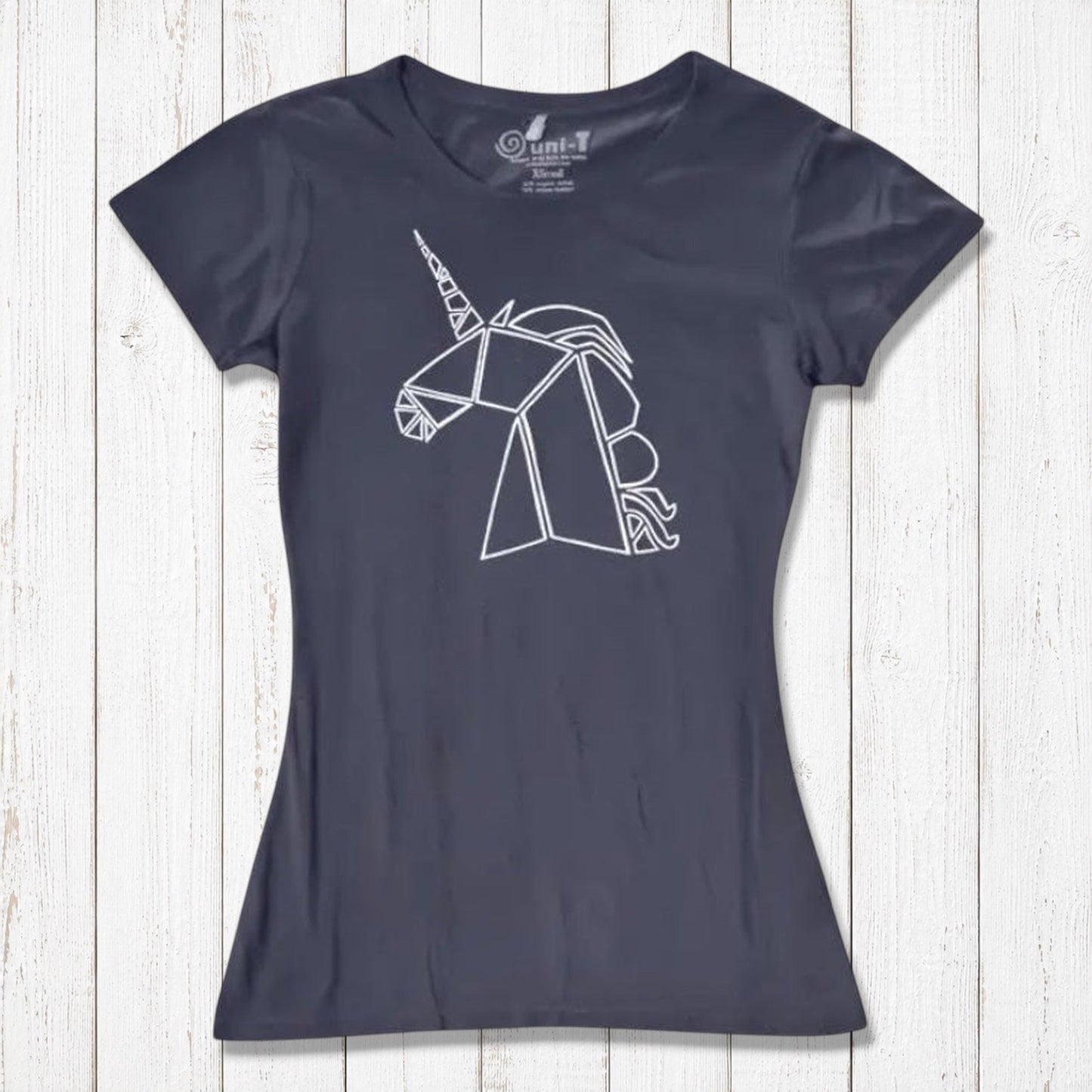 Slate blue Women’s Unicorn T-Shirt in bamboo and organic cotton with a white geometric unicorn design. Unique eco-friendly apparel for fantasy fans.