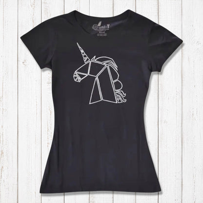 Black Women’s Unicorn T-Shirt made from bamboo and organic cotton, showcasing a white geometric unicorn. Sustainable and magical gift idea.
