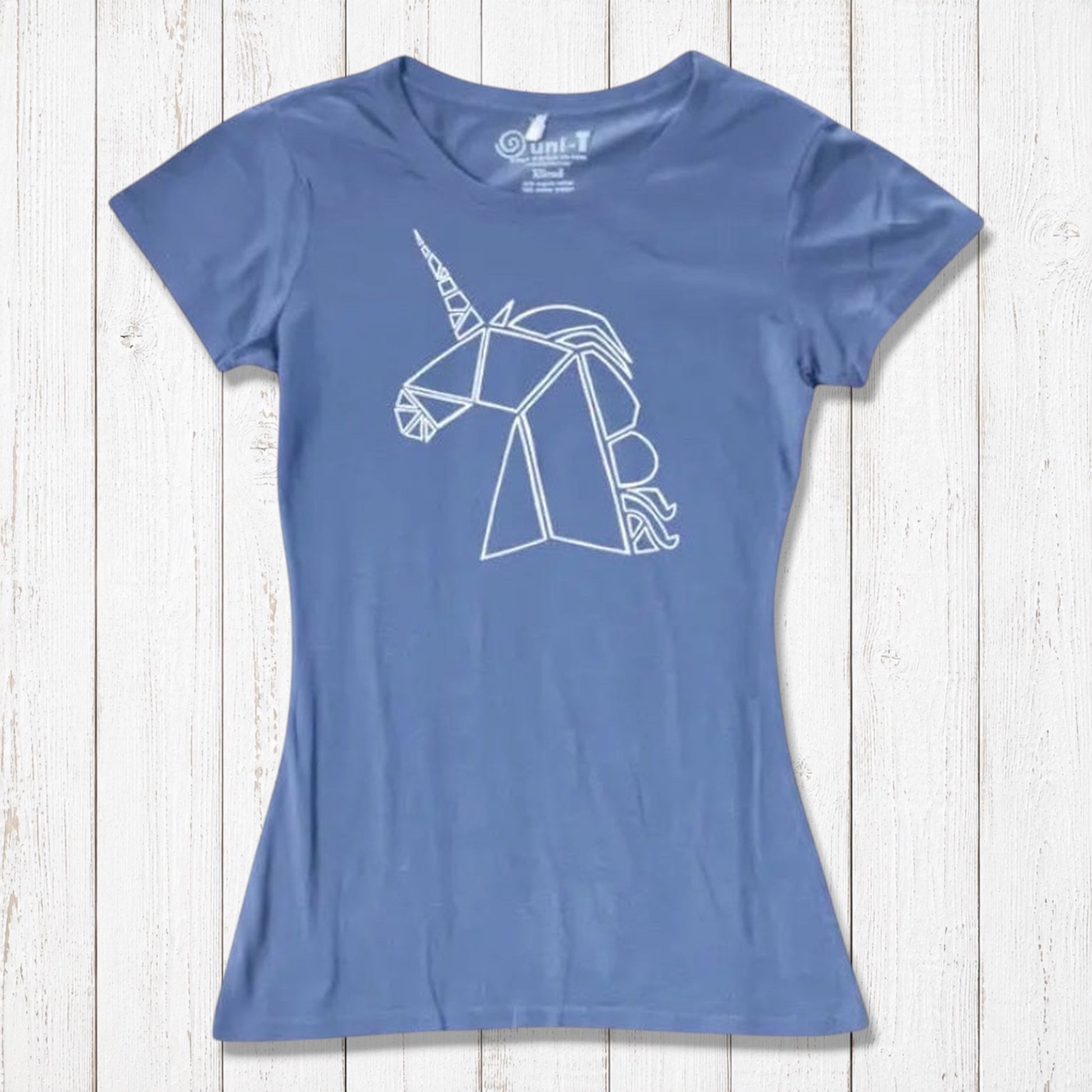 Sky blue bamboo and organic cotton Women’s Unicorn T-Shirt with white geometric unicorn artwork. Eco-friendly fantasy tee for women.