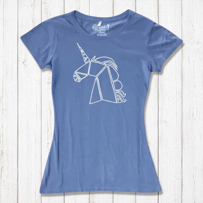Sky blue bamboo and organic cotton Women’s Unicorn T-Shirt with white geometric unicorn artwork. Eco-friendly fantasy tee for women.