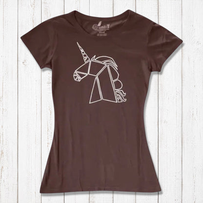 Chocolate brown Women’s Unicorn T-Shirt crafted from bamboo and organic cotton with a white geometric unicorn print. Eco-conscious fantasy apparel.