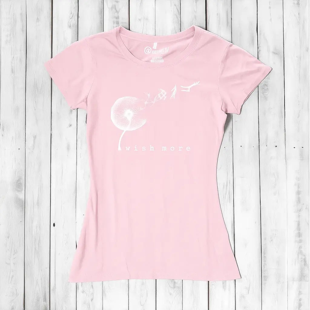 Light pink Women's Dandelion T-Shirt in bamboo & organic cotton with 'Wish More' design. Soft, eco-friendly inspirational tee by Uni-T.