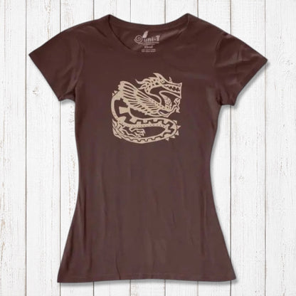 Dark brown women's bamboo & organic cotton dragon T-shirt featuring a bold fantasy graphic, ideal for modern mythology lovers.
