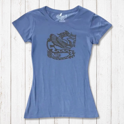Light blue women's dragon T-shirt in bamboo & organic cotton with dark graphic print, sustainable fashion for fantasy art fans.