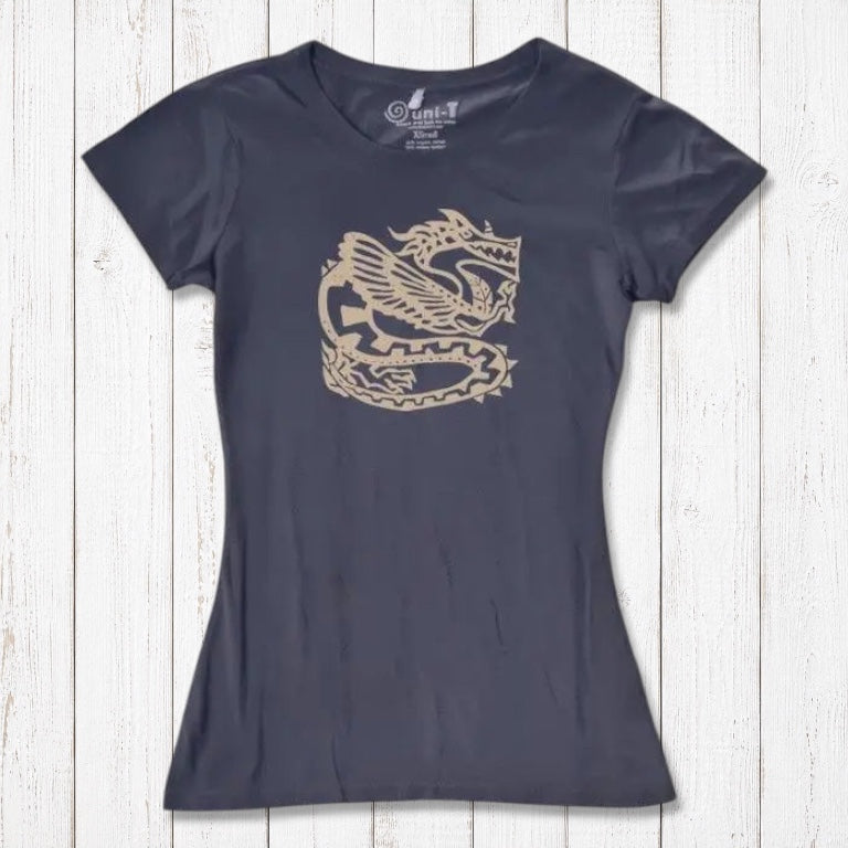 Navy women's bamboo & organic cotton T-shirt with beige dragon design, a stylish eco-conscious gift for fantasy lovers.