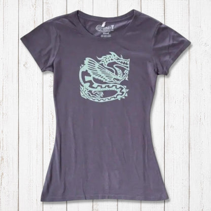 Dark purple women's dragon T-shirt made from bamboo & organic cotton, featuring a mint green fantasy dragon illustration.