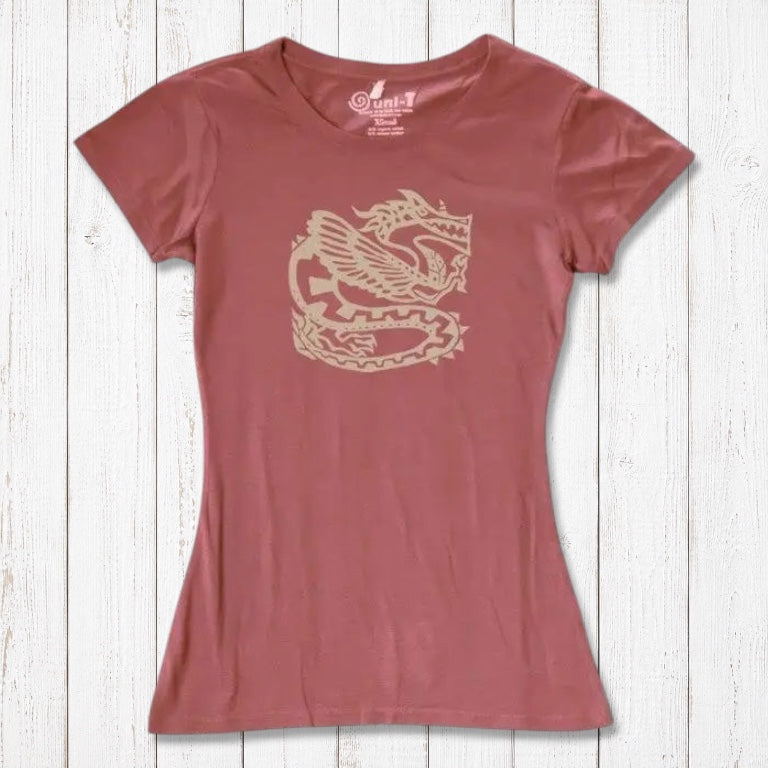 Rustic pink bamboo & organic cotton women's T-shirt with beige dragon graphic, perfect for fans of contemporary fantasy art.