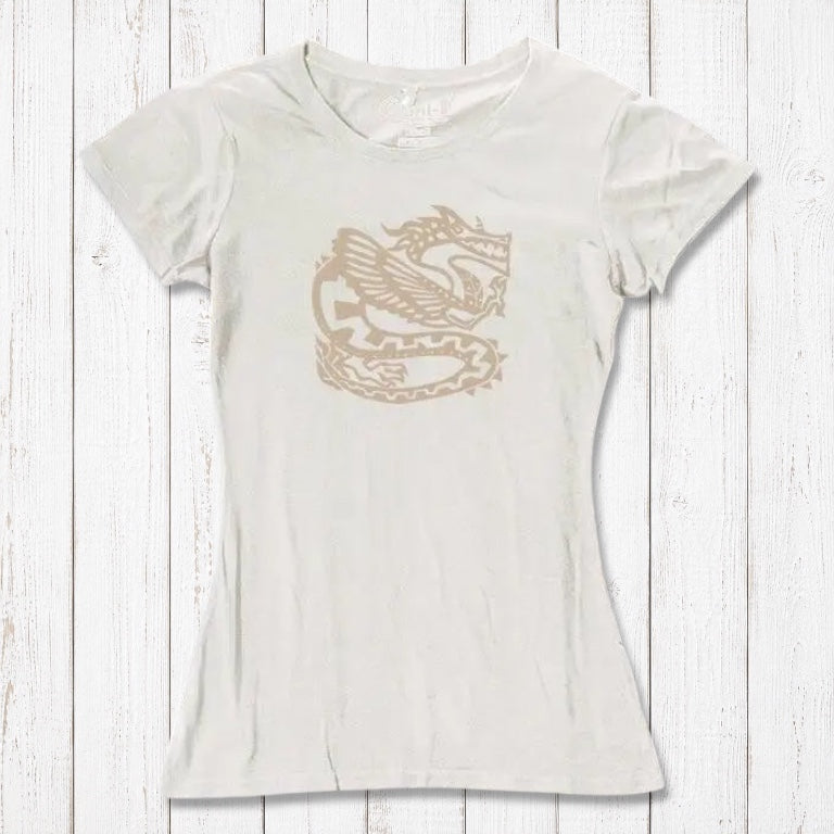 Ivory women's dragon T-shirt in bamboo & organic cotton with subtle beige fantasy graphic, soft and sustainable fashion piece.