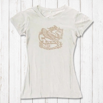 Ivory women's dragon T-shirt in bamboo & organic cotton with subtle beige fantasy graphic, soft and sustainable fashion piece.