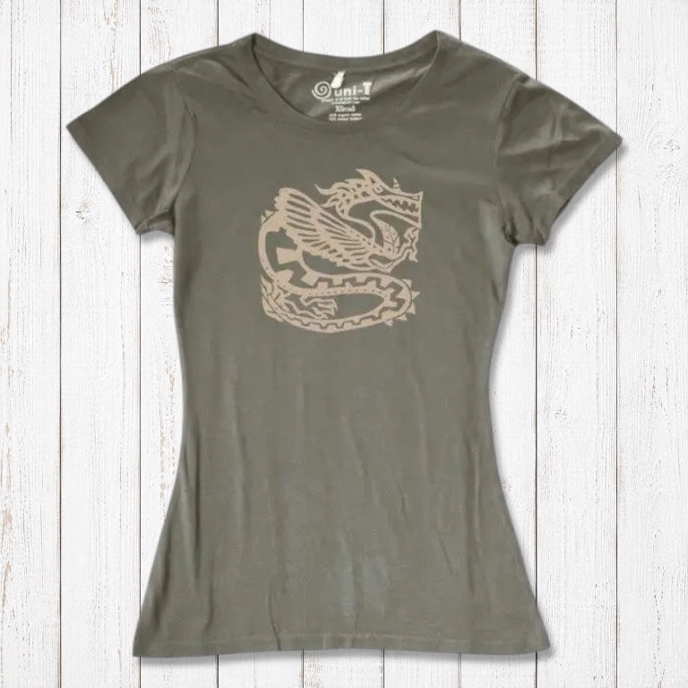 Khaki green women's bamboo & organic cotton T-shirt with beige dragon design, eco-friendly apparel for mythology enthusiasts.