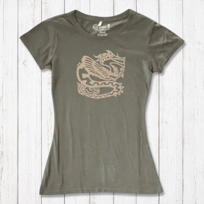 Khaki green women's bamboo & organic cotton T-shirt with beige dragon design, eco-friendly apparel for mythology enthusiasts.