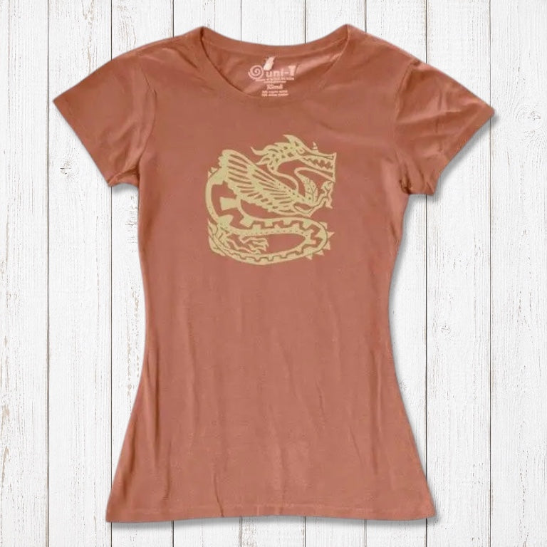 Terracotta women's dragon T-shirt in bamboo & organic cotton with golden fantasy graphic, a unique gift for dragon art fans.