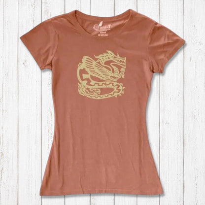 Terracotta women's dragon T-shirt in bamboo & organic cotton with golden fantasy graphic, a unique gift for dragon art fans.