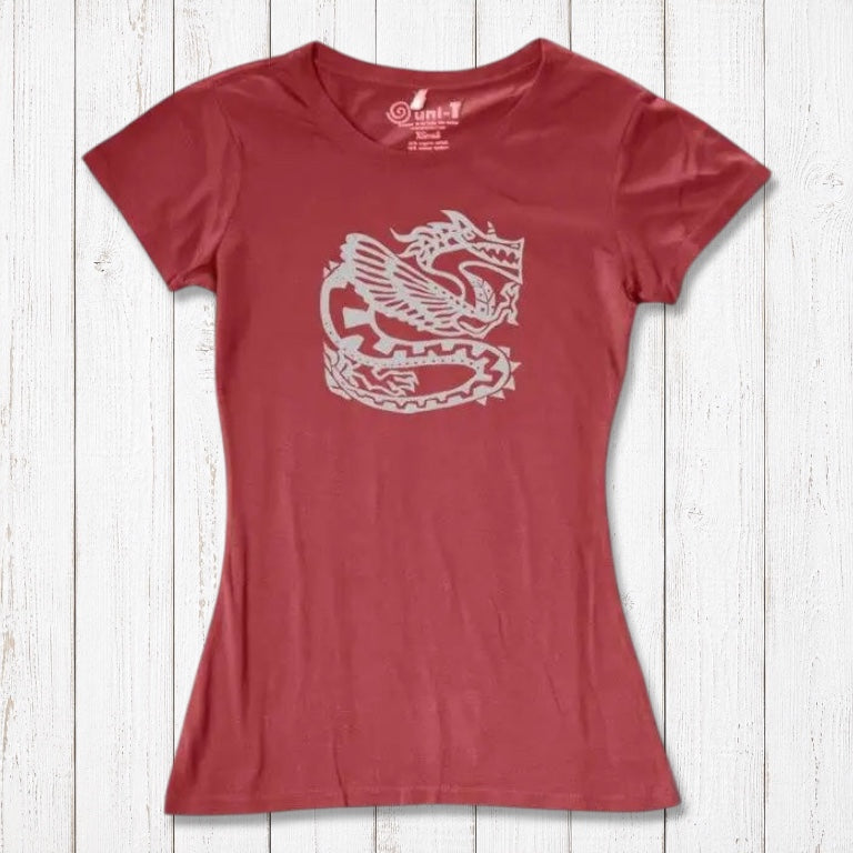 Red clay women's bamboo & organic cotton T-shirt with white dragon print, modern fantasy style for eco-conscious wardrobes.