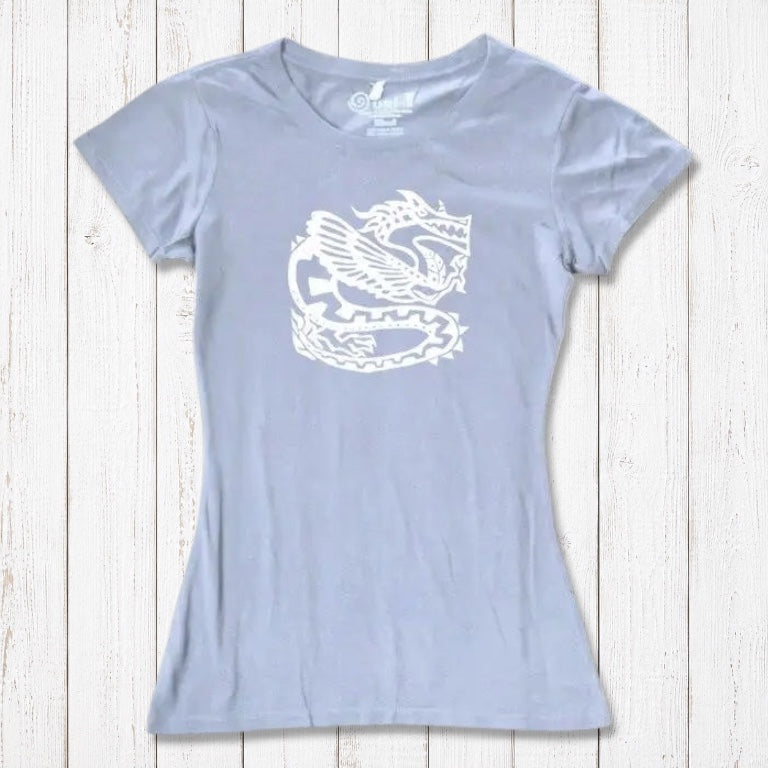 Ocean blue women's dragon T-shirt in bamboo & organic cotton with white fantasy dragon graphic, soft and sustainable gift idea.