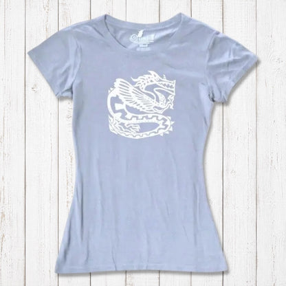 Ocean blue women's dragon T-shirt in bamboo & organic cotton with white fantasy dragon graphic, soft and sustainable gift idea.