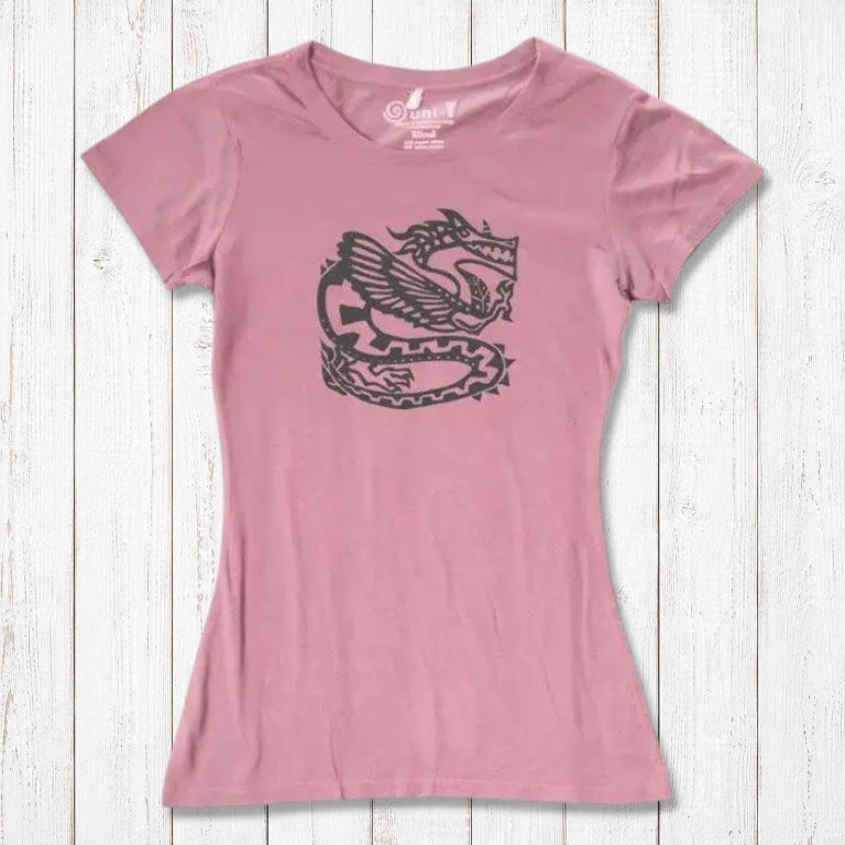 Rustic pink women's bamboo & organic cotton T-shirt with dark dragon illustration, stylish eco-friendly top for fantasy lovers.