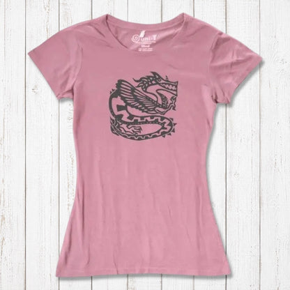 Rustic pink women's bamboo & organic cotton T-shirt with dark dragon illustration, stylish eco-friendly top for fantasy lovers.