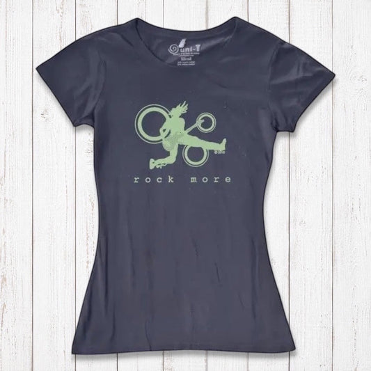 Women's Guitar T-Shirt in navy bamboo cotton with green 'Rock More' graphic, sustainable concert tee for music lovers.