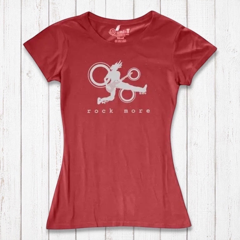 Red organic cotton women's guitar tee with white 'Rock More' design, eco-friendly music-themed shirt for musicians.