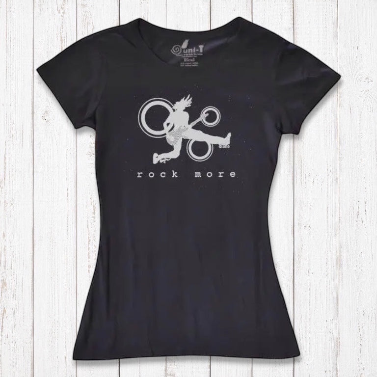 Black bamboo blend women's t-shirt featuring white 'Rock More' guitar graphic, ideal sustainable gift for rock fans.