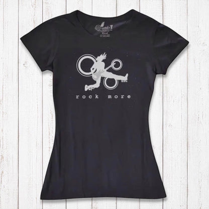 Black bamboo blend women's t-shirt featuring white 'Rock More' guitar graphic, ideal sustainable gift for rock fans.