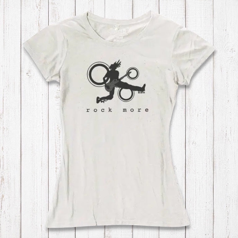 Ivory women's t-shirt in bamboo cotton with bold black 'Rock More' guitar print, perfect for eco-conscious music lovers.
