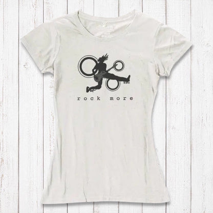 Ivory women's t-shirt in bamboo cotton with bold black 'Rock More' guitar print, perfect for eco-conscious music lovers.