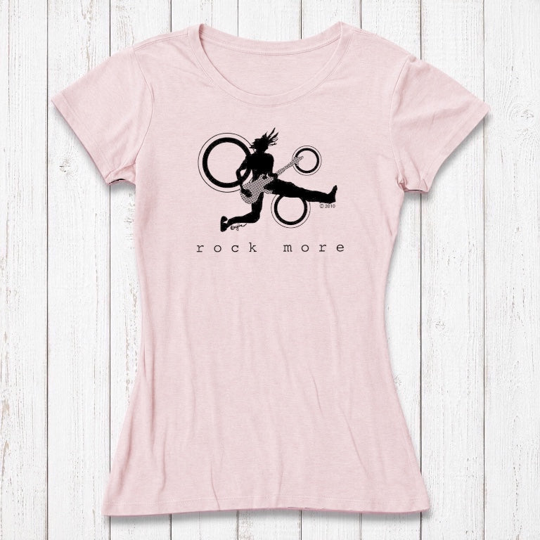 Rustic pink women's guitar t-shirt with white 'Rock More' print, soft bamboo cotton blend for sustainable fashion.