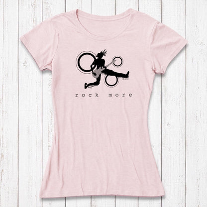Rustic pink women's guitar t-shirt with white 'Rock More' print, soft bamboo cotton blend for sustainable fashion.