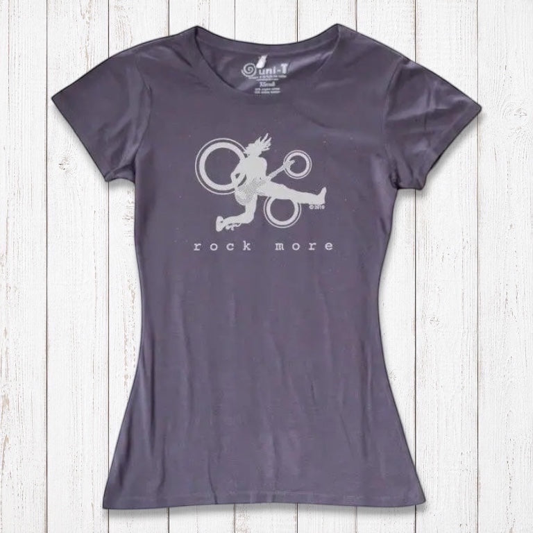 Dark purple women's t-shirt in organic cotton with white 'Rock More' music graphic, sustainable rock concert apparel.