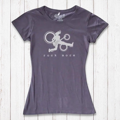 Dark purple women's t-shirt in organic cotton with white 'Rock More' music graphic, sustainable rock concert apparel.