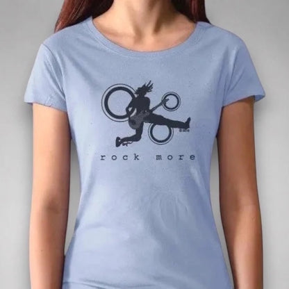 Light blue women's bamboo cotton t-shirt worn by model, featuring black 'Rock More' guitar design, eco-friendly music tee.