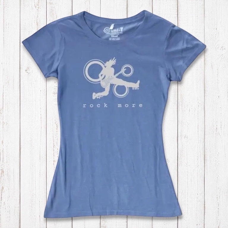 Ocean blue women's guitar t-shirt with white 'Rock More' print, made from soft bamboo and organic cotton blend.