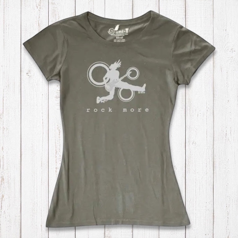 Khaki green women's bamboo cotton tee with white 'Rock More' guitar graphic, sustainable fashion for music fans.