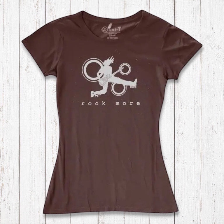 Dark brown women's guitar tee with white 'Rock More' print, made from sustainable bamboo and organic cotton fabric.