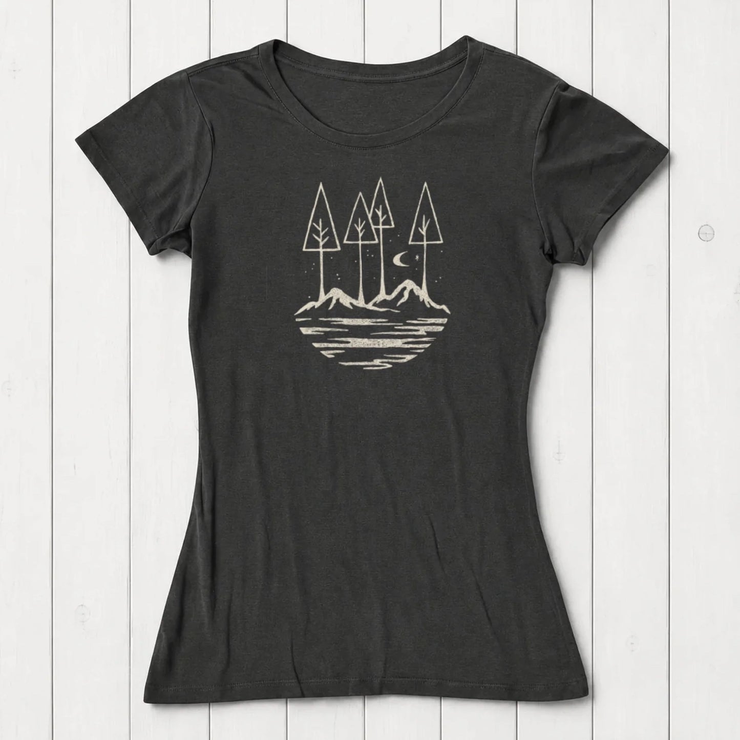 Black sustainable women's t-shirt with outdoor-inspired graphic of trees, mountains, and moon. Ideal gift for hikers and nature lovers.