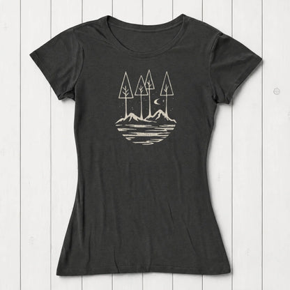 Black sustainable women's t-shirt with outdoor-inspired graphic of trees, mountains, and moon. Ideal gift for hikers and nature lovers.